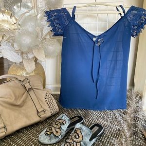 Baluoke- Sheer Off The Shoulder Boho Top. Navy Blue | size small